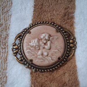 Vintage Cherub Cameo Brooch in Blush Pink and Antique Gold Tone